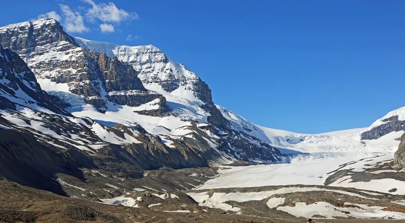 The Athabasca Glacier and Mount Andromeda seen from the Icefields Parkway on a clear day