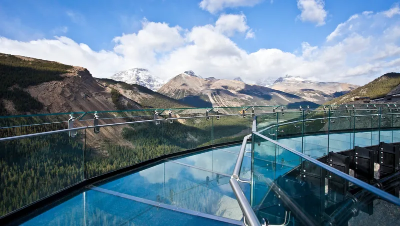 The Columbia Icefield Skywalk cantilevered out from the cliff above the Sunwapta Valley