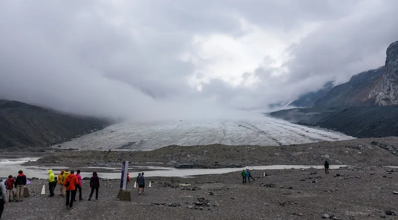 Visitors at the end of the free Toe of the Athabasca Glacier trail beside an interpretive marker